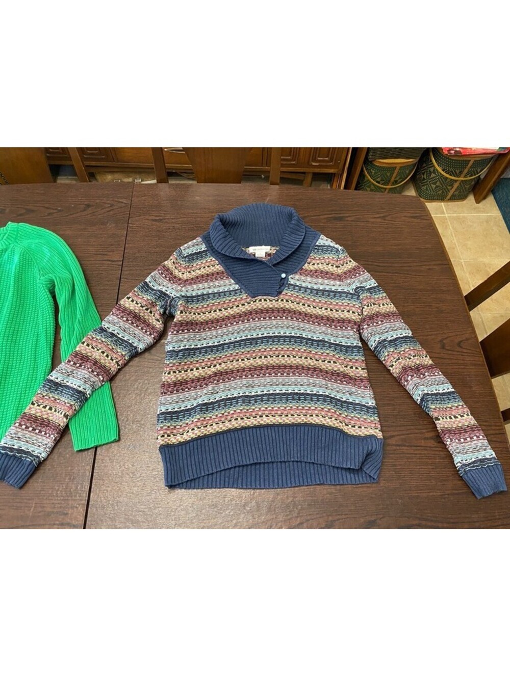 2 Vintage Liz Claiborne Sweaters Pullover Solid Green Stripe Large XL - Picture 4 of 16